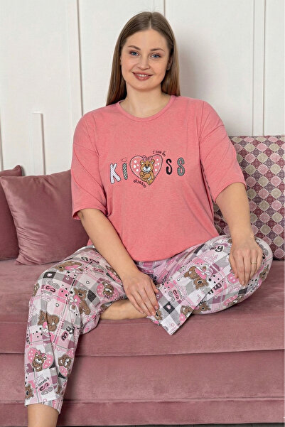 Farya Home Large Size Cotton Patterned Short Sleeve Pajama Set