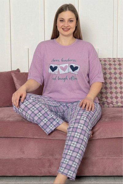 Farya Home Büyük Beden Pamuklu Desenli Kısa Kollu Pijama Takımı