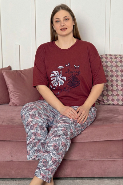 Farya Home Large Size Cotton Patterned Short Sleeve Pajama Set