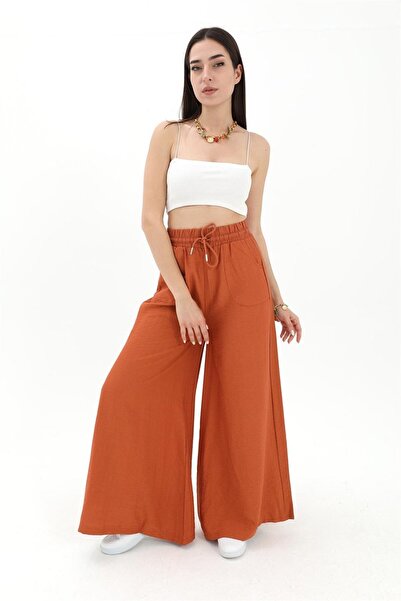 VELİZADE Women's High Waisted Tan Elastic Waist Loose Leg Straight Viscose Li...