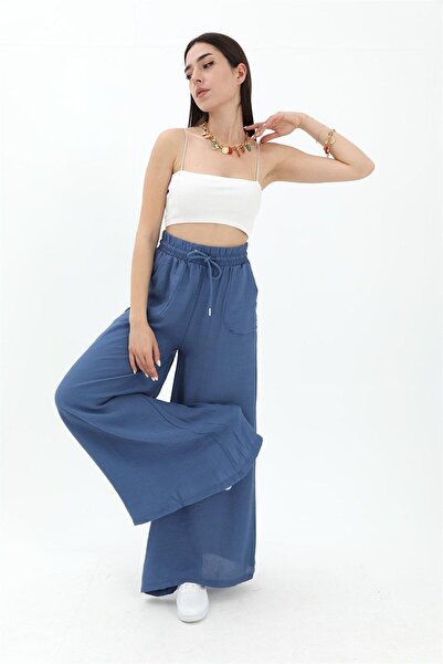 VELİZADE Women's High Waisted Blue Elastic Waist Loose Leg Straight Viscose L...