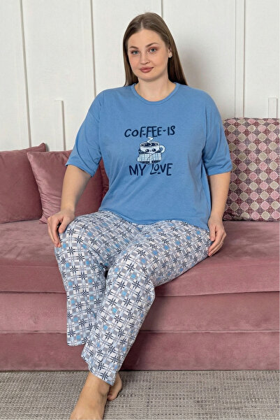 Farya Home Large Size Cotton Patterned Short Sleeve Pajama Set