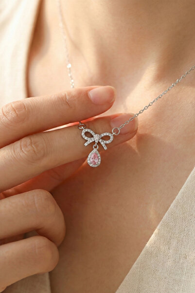 VAOOV Pink Drop Stone Steel Ribbon Necklace