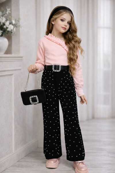 ipekkids ملابس بناتية: بلوزة وبنطلون وحزام وحقيبة، مجموعة من 5 قطع