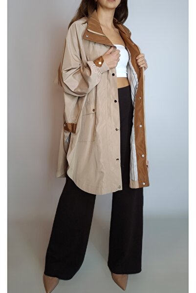 oyagüler Women's Dark Beige Striped Lined Hooded Raincoat Windbreaker Trench ...