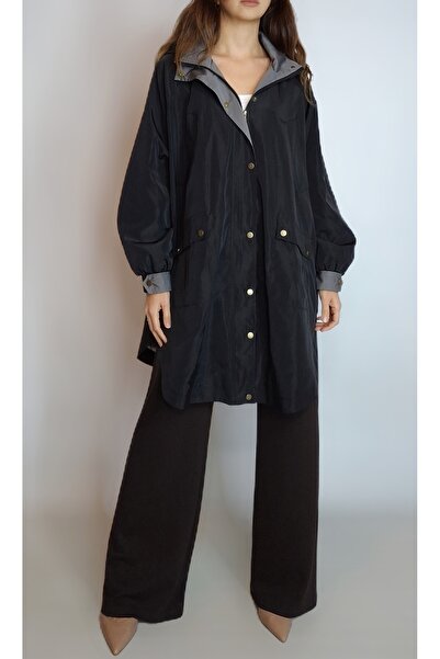 oyagüler Women's Black Striped Lined Hooded Raincoat Windbreaker Trench Coat ...