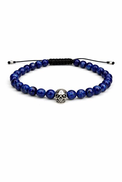 Handmade Men's 6mm Lapis Lazuli and 925 Silver Skull Bracelet - Adjustable