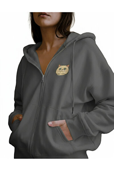 Kadın Persian (İran Kedisi) Baskılı Tam Boy Fermuarlı Oversize Hoodie