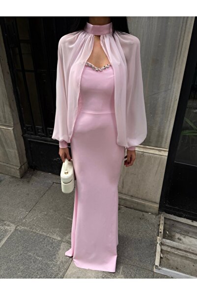 zoezoe İki Parca Alesta Tül Detaylı Tasarım Atlas Uzun Elbise