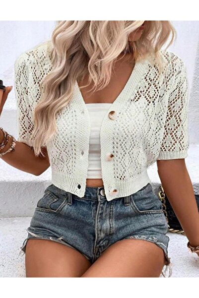 MODA MHE Women's Crop Openwork Buttoned Knitwear Cardigan Short Sleeve V-Neck...