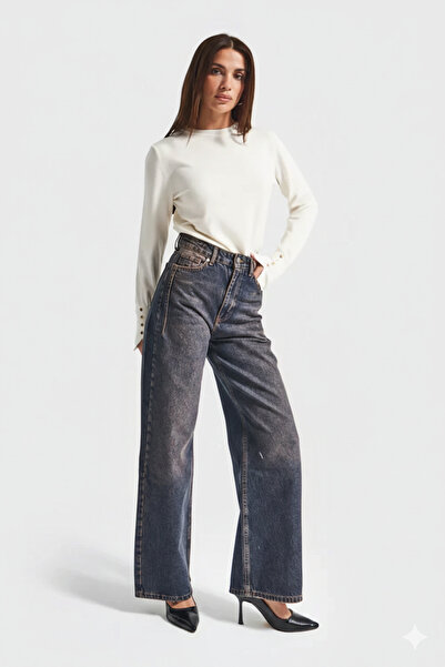 it's basic Kadın Koyu Mavi Renk Olea 2S6-5 Wide Leg Fit Yüksek Bel İç Boy 77c...