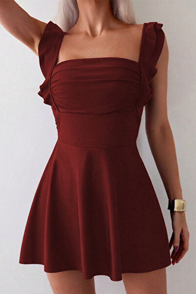 Edela Burgundy Dress with Ruffle Straps and Flared Shorts