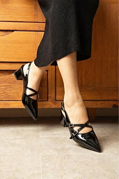 nuvora Pantofi clasici de damă casual, cu toc scurt de 3 cm, din piele lăcuit...