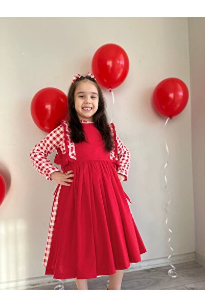 Sare Çocuk Giyim Otantik Kareli Kırmızı Çİft Taraflı Kız Çocuk Elbise + Toka
