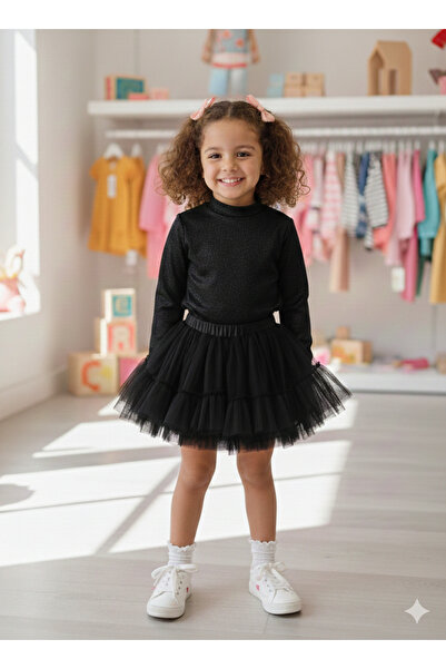 Dudese Kız Çocuk Parlak Dokulu Siyah Esnek Şık Bluz