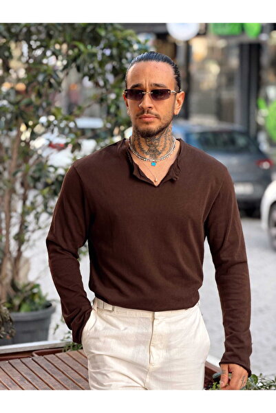 manch collection Tricou cu un singur nasture si maneca lunga, maro