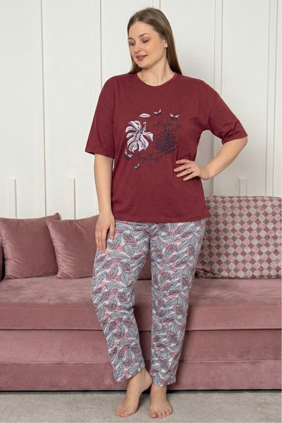 Farya Home Büyük Beden Pamuklu Desenli Kısa Kollu Pijama Takımı