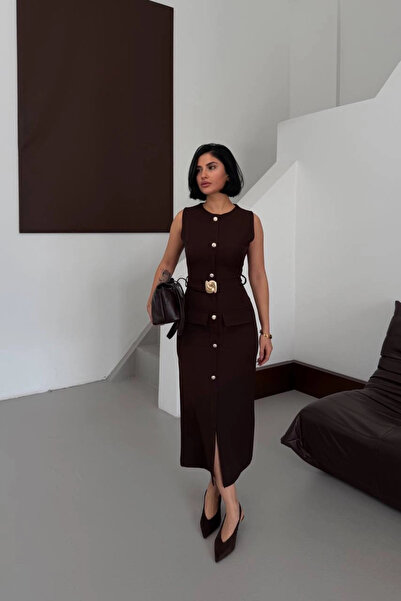 Lusin Women's Brown Stylish Belt Detailed Sleeveless Slim Midi Length Dress