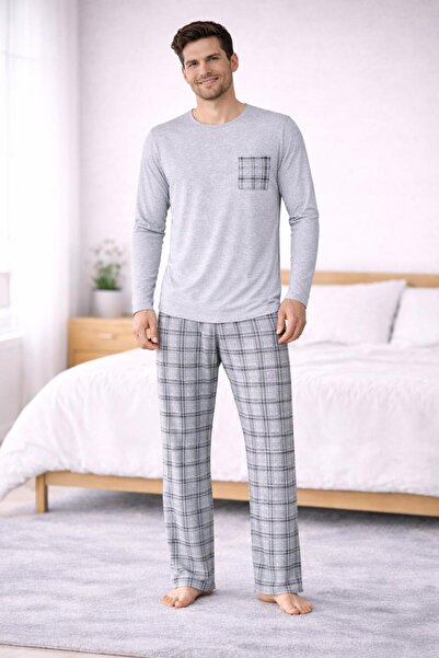 LİLA PİJAMA Cotton Combed Cotton Underneath Plaid Checked Long Sleeve Men's P...