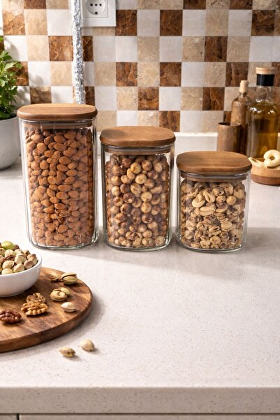 MİEN Borosilikat Çizgili Cam Kavanoz Akasya Kapak Kare Model 1050 Ml - 1350 M...