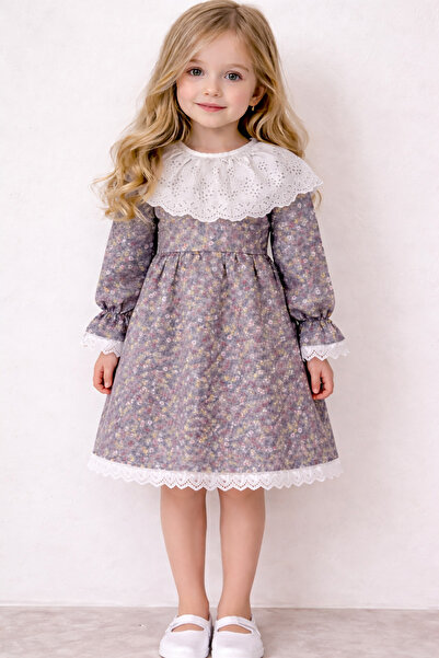 Terzim Ayşenur Rochie gri cu flori pentru fete, cu guler din guipură, 0 - 5 ani