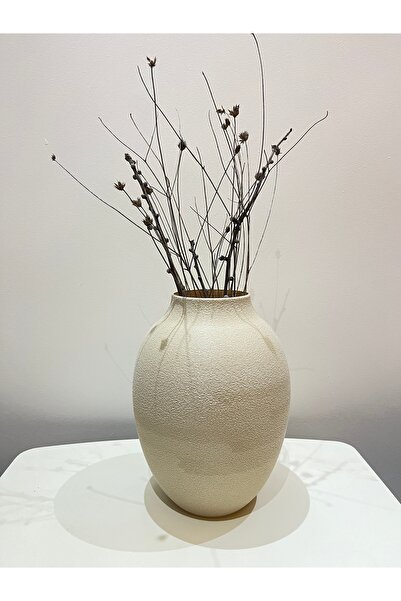 NORELUX Dekoratif Bej Vazo Büyük Boy — TERRA Doğal Dokulu Modern Minimal Tasa...
