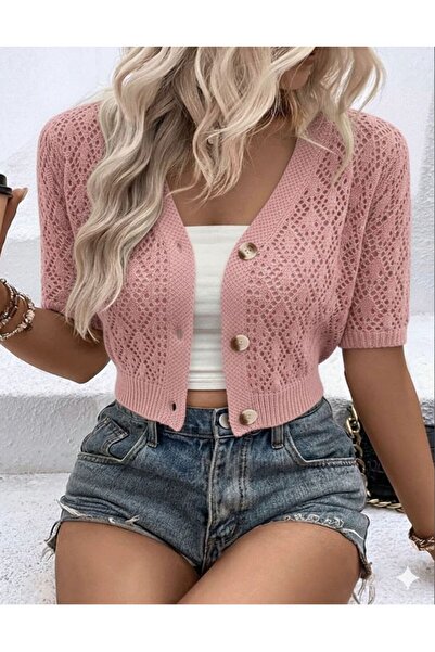 MODA MHE Women's Crop Openwork Buttoned Knitwear Cardigan Short Sleeve V-Neck...