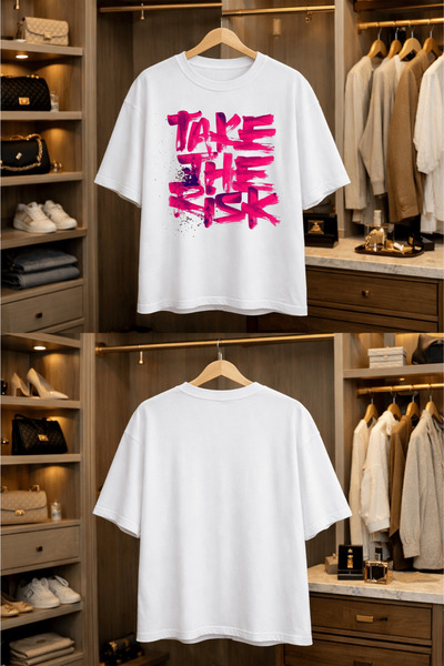 VANTINA Unisex Take the Risk Printed Oversize Cotton Crew Neck Short Sleeve T...