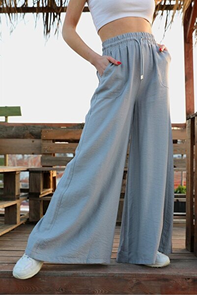 VELİZADE Women's High Waisted Gray Elastic Waist Loose Leg Straight Viscose L...