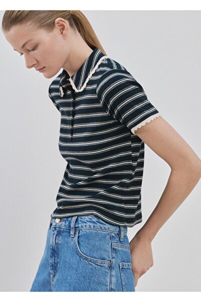 MANGO Woman Fistolu çizgili polo yaka tişört