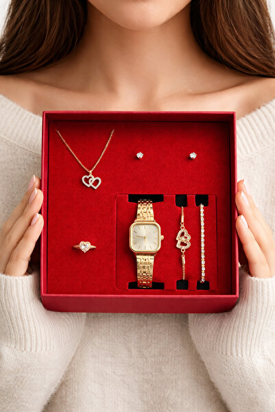 SEES AKSESUAR Gold Renk Kadın Çelik Kol Saati - 5’li Kombin Set Hediyeli