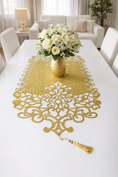 Diva Home Silvery Leather Gold-Look Lux Laser Cut 35 X 100 Runner