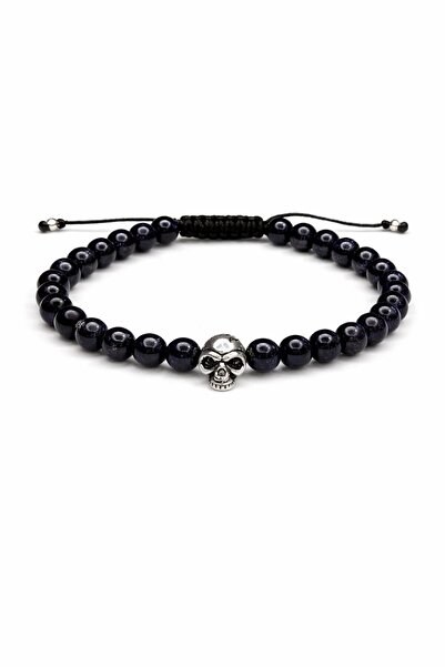 Handmade Men's bracelet with Blue Sunstone 6 mm and skull made of 925 silver ...
