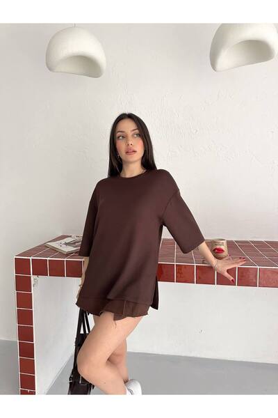 BE CHİC Women's Circular Neckline Split Detail Premium Soft Touch Modal Fabri...