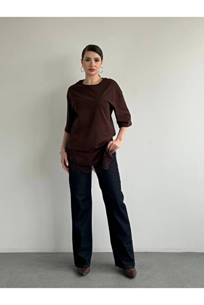 BE CHİC Women's Circular Neck Short Sleeve Satin Lace Slit Detail Plain Basic...