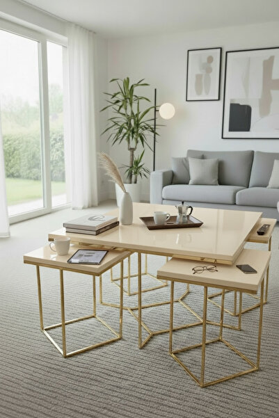 usta mekan Monza 5 li Gold Krem Mdf 4+1 Kare Orta Sehpa