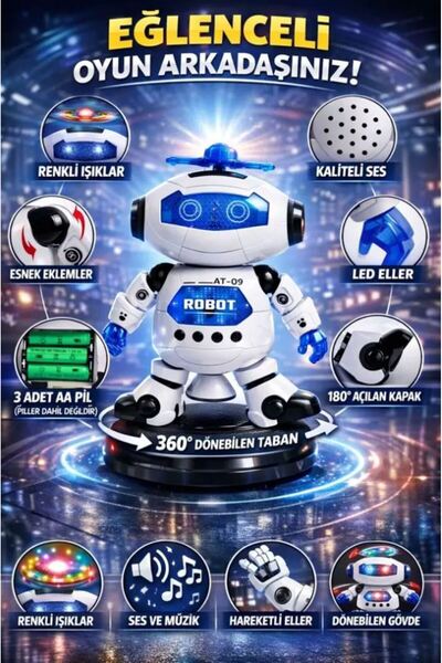 Retoys Dans Eden Pervaneli Işıklı Sesli Lazerli Oyuncak Robot 20 CM Eğitici O...