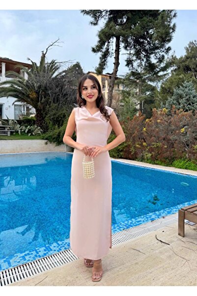 asyadabutik Women's Degaje Collar Back Detail Slit Maxi Dress