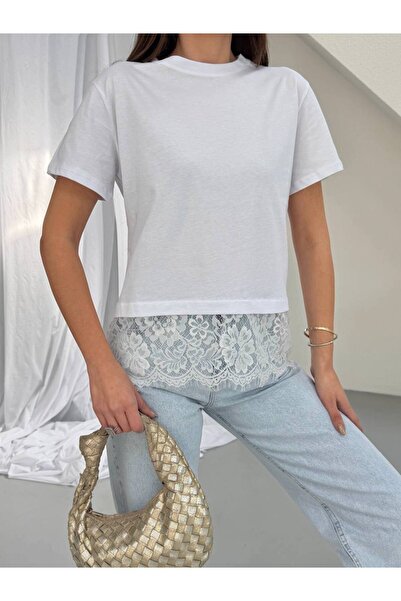 BE CHİC Women's Circular Neck Short Sleeve Lace Gepure Detail Plain Basic T-S...