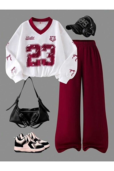 VESTIR BIEN 23 Baskılı Üst Beyaz Bordo V Yaka Sweat Alt Geniş Paça Bordo Takım