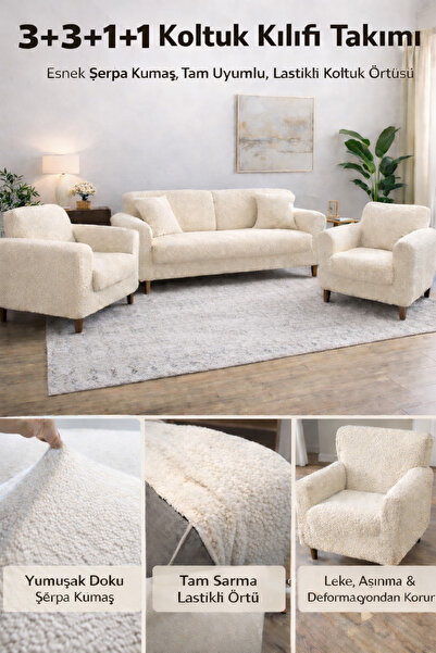 zerif home Bohem A Kalite 3+3+1+1 Koltuk Kılıfı Streç Lastikli Tam Uyumlu Kol...