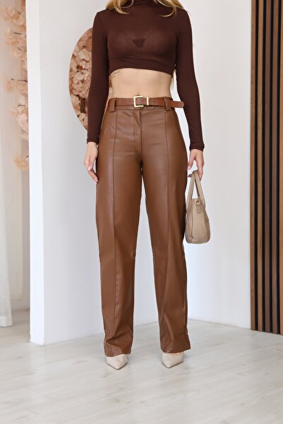 GRODYT Tan Color High Waist Faux Leather Trousers with Fleece Inside and Styl...