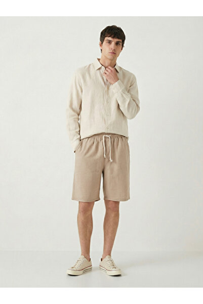 TKT Men's Beige 100% Cotton Linen Muslin Shorts with Back Pockets, Full Fit