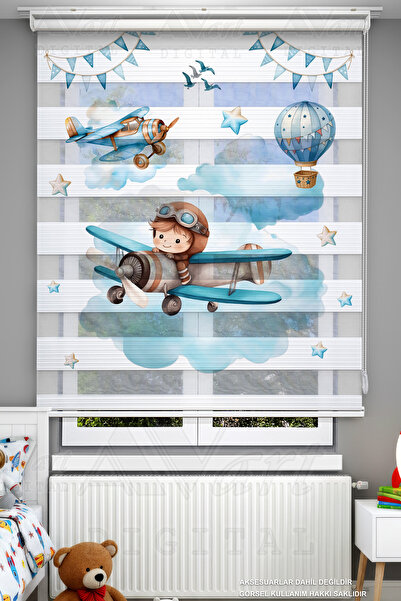 Avart Digital Erkek Çocuk Odası Sevimli Pilot Temalı Dijital Baskılı Zebra Pe...
