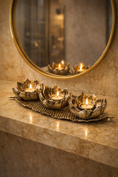 Glsm Boutique 3’lü Lotus Mumluk Dekoratif Tealight Mumluk – Yaprak Tepsili Me...