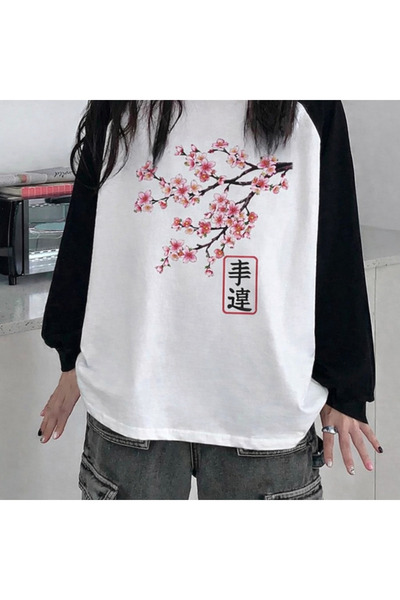 Toum Sakura Flower Printed Long Sleeve Raglan T-Shirt