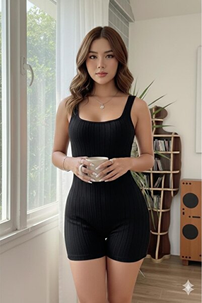 ZAYAHOMEWEAR Kadın Siyah Kalın Askılı Şortlu Kaşkorse Tulum Gecelik