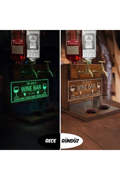 Bk Gift Kişiye Özel Kabartmalı Fosforlu İsimli Çift Musluklu Doğal Ahşap İçki...