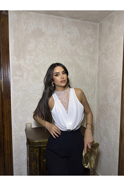 mekabutik White Lace Detail Deep Degaje Bodysuit