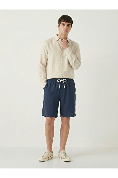 TKT Men's Navy Blue 100% Cotton Linen Muslin Shorts with Back Pockets, Full Fit